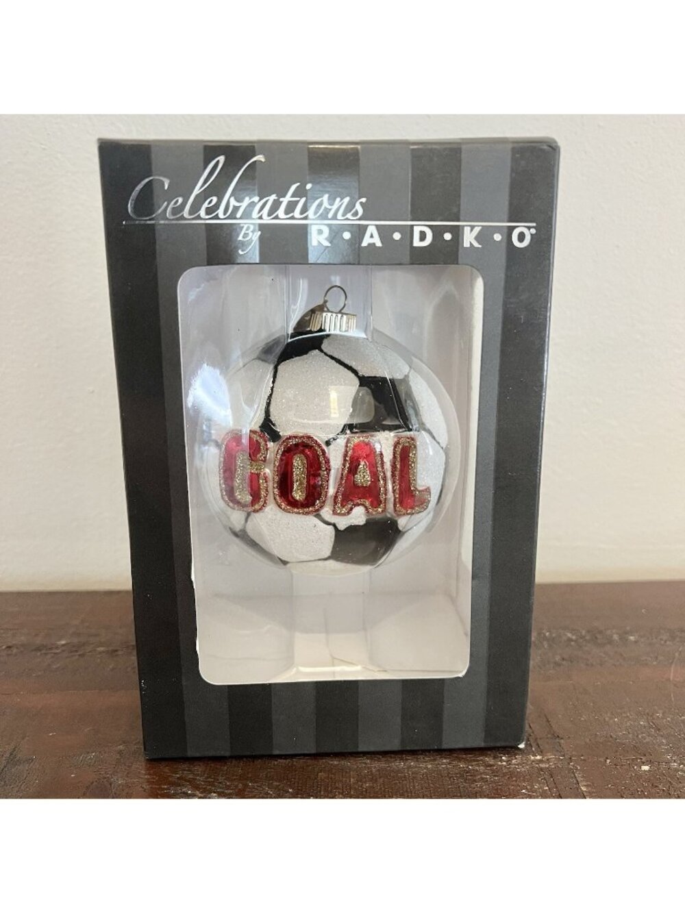 CHRISTOPHER RADKO Celebrations Soccer Ball Goal Hand Blown Glitter Ornament 2008
